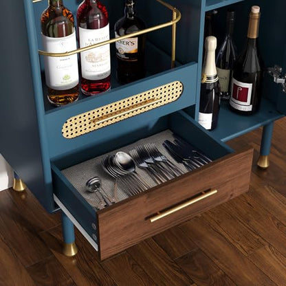 ARTPOWER Modern Coffee Bar Cabinet with Pull-Out Wine Storage, Blue | Bar Cart with Wine Glass Rack and Drawers, Liquor Cabinet for Kitchen, Dining Room, Living Room - color: Blue