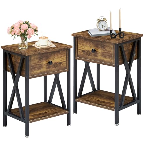 VECELO Nightstands Set of 2, Modern Bedside End Tables, Night Stands with Drawer and Storage Shelf for Living Room Bedroom, Industrial Metal Frame - color: Antique Brown, size: Set of 2 - 15.8"W x 11.8"D x 21.7"H