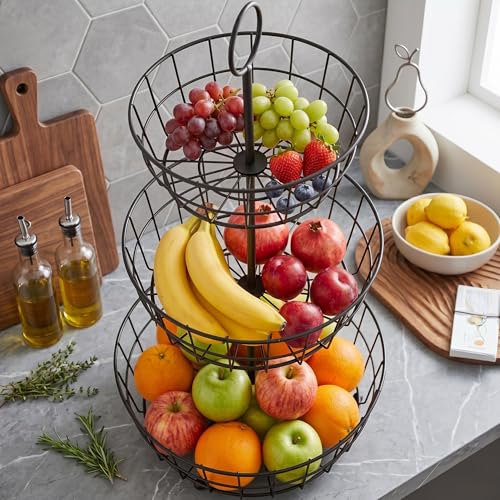 HANZE 3-Tier Wire Fruit Basket Bowl, Detachable Vegetable Bread Basket Display Storage Stand, Design for Kitchen, Bathroom Organization, Brown - color: 3-Tier(Brown)