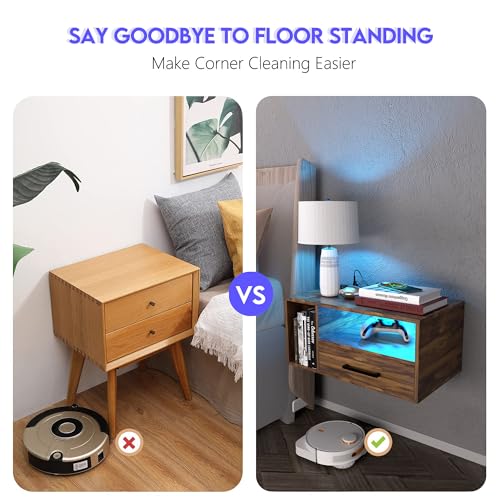 Homaterial Floating Nightstand with Charging Station and LED Lights, Floating Bedside Table with Drawers Wall Mounted Nightstands,for Bedroom Room, 21.3" x 11.8" x 10",Rustic Brown - color: Rustic Brown