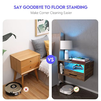 Homaterial Floating Nightstand with Charging Station and LED Lights, Floating Bedside Table with Drawers Wall Mounted Nightstands,for Bedroom Room, 21.3" x 11.8" x 10",Rustic Brown - color: Rustic Brown