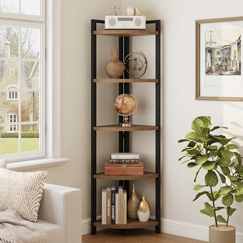 Tall Corner Shelf, Industrial Corner Bookshelf, Wood and Metal Corner Shelf Stand for Living Room, Rustic Display Plant Stand for Home Office (Medium Walnut) - color: Medium Walnut