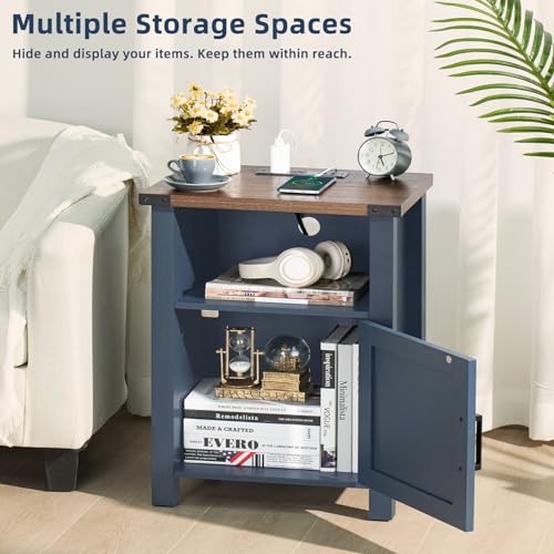 Joaxswe Night Stand Set of 2, 18 Inch Farmhouse Nightstand with with Charging Station and USB Port, Rustic Couch End Table with Magnetic Door, Wood Bed Side Tables for Bedroom, Home, Navy Blue - color: Navy Blue