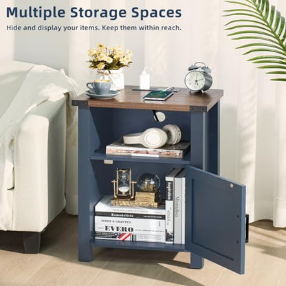 Joaxswe Night Stand Set of 2, 18 Inch Farmhouse Nightstand with with Charging Station and USB Port, Rustic Couch End Table with Magnetic Door, Wood Bed Side Tables for Bedroom, Home, Navy Blue - color: Navy Blue