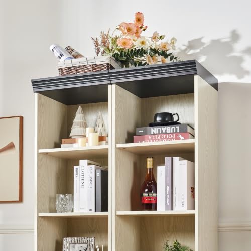 Farmhouse Tall Storage Cabinet with Adjustable Shelves, 3D Wood Grain Finish MDF Bookcase, Open Display Cubbies & Closed Barn Door Storage, Freely Combinable Bookshelf for Bedroom Living Room Office
