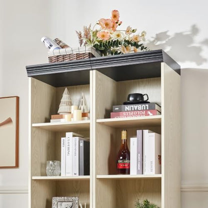 Farmhouse Tall Storage Cabinet with Adjustable Shelves, 3D Wood Grain Finish MDF Bookcase, Open Display Cubbies & Closed Barn Door Storage, Freely Combinable Bookshelf for Bedroom Living Room Office