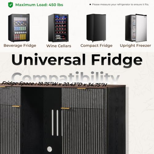 OKD 60" Fluted Coffee Bar Cabinet with Mini Fridge Space, Black and Walnut | Mini Fridge Compatible, Built In Charging Station, 3 Stemware Racks, 2 Drawers, 2 Cabinets, Home Bar Cabinet Storage - color: Black and Walnut