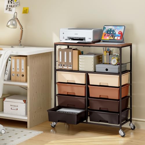 Rolling cart with 8 drawers,Storage drawer cart with wooden tabletop,Lockable wheels organizer for homeschool, arts & crafts, classroom, office & creative spaces (Brown) - color: Brown