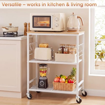 Rolling Kitchen Microwave Cart, 3-Tier Cart with Lockable Casters, 6 S Hooks for Towels, Rolling Kitchen Storage Rack, Space Saving Stand for Small Kitchen, Apartment, Coffee Bar - color: White
