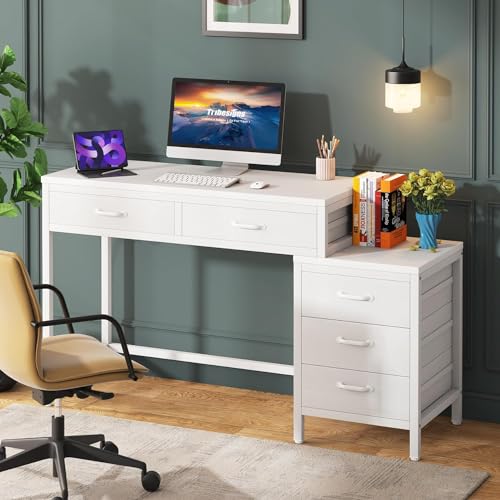 Tribesigns Computer Desk with 5 Drawers, Home Office Desks with Reversible Drawer Cabinet Printer Stand, Industrial PC Desk with Storage, White Study Writing Table Workstation for Small Spaces - color: White