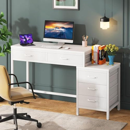 Tribesigns Computer Desk with 5 Drawers, Home Office Desks with Reversible Drawer Cabinet Printer Stand, Industrial PC Desk with Storage, White Study Writing Table Workstation for Small Spaces - color: White