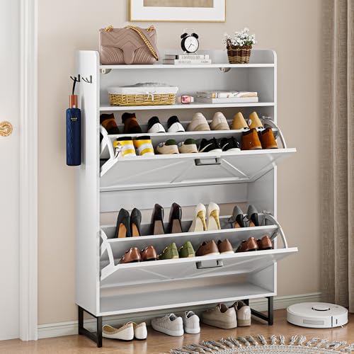 Wodeer Shoe Storage Cabinet with 2 Flip Drawers, Narrow Wood Shoe Cabinet Storage for Entryway with Metal Legs & Hooks, Adjustable Shelves, Freestanding Shoe Rack Organizer for Foyer, Hallway, White - color: White, style: 2 Drawers