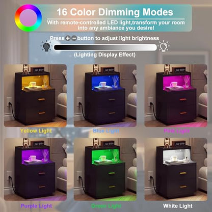 Yusong LED Nightstand Bedside Table with Charging Station 2 Drawers, Modern Sofa Couch End Side Table with LED Lights and Pull-Out Shelf for Bedroom, Black - color: Black 003