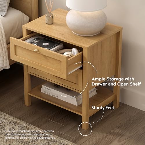 Modern Nightstand with Drawers, Large Farmhouse Wood Bedside Table with Open Shelf, 22" Wide Tall End Table for Sofa, Bedroom, Natural Oak - color: Natural Oak, size: 1 PC (2 Drawers)