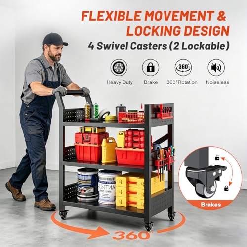 3 Tier Rolling Tool Cart, Heavy Duty Metal Service Cart with Standard Handle and Pegboards, 660 LBS Load Capacity Tool Utility Cart, Industrial Utility for Garage, Warehouse, Workshop - size: 13.8"D x 24.4"W x 30.3"H