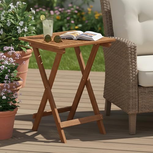 Furinno TIOMAN Folding Outdoor Side Table, Patio End Table, Portable Wood Coffee Table for Balcony, Garden, Porch, Teak Oil Finish, Light Wood - size: 20.1"D x 20.1"W