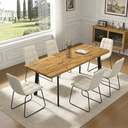 Extendable Dining Table Set for 6 to 8 People, 63" to 78.7" Modern Kitchen Table Set with 6 Chairs, MDF Dining Room Table and Chairs with Removable Extension Leaf (Walnut Table+U-Shaped White Chairs) - color: 63'' - 78.7'' Walnut Table+6 U Beige Chairs