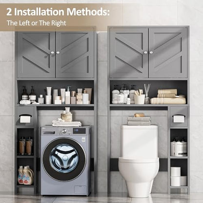 Farmhouse Storage Cabinet Over Toilet with Toilet Paper Holder Stand, Freestanding Bathroom Storage Organizer Cabinet, Grey - color: Grey