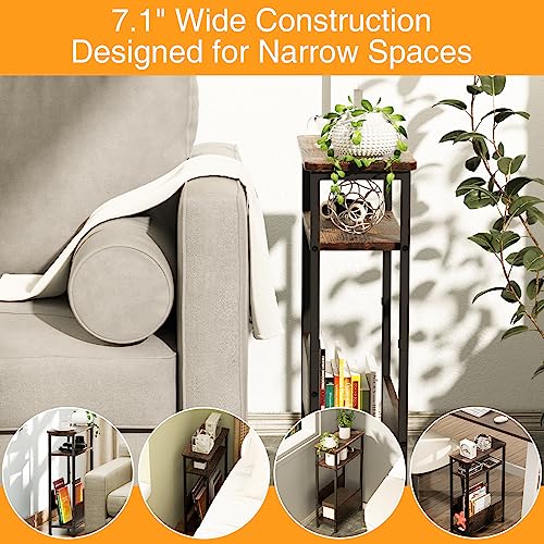 THUMEYE 7.1" Narrow Side Table for Small Spaces, 3 Tier Small End Table with Magazine Holder, Slim/Skinny Nightstand/Bedside Table for Living Room, Bedroom, 15.4" L x 24.2" H - color: Rustic Brown