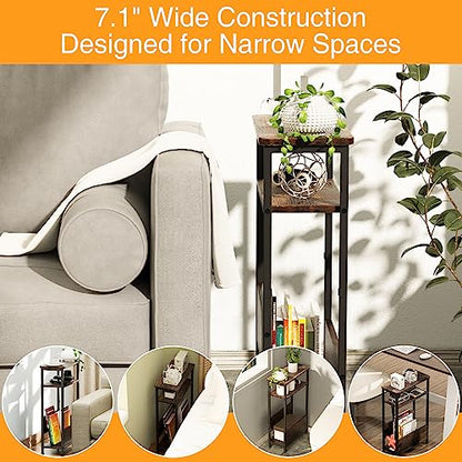 THUMEYE 7.1" Narrow Side Table for Small Spaces, 3 Tier Small End Table with Magazine Holder, Slim/Skinny Nightstand/Bedside Table for Living Room, Bedroom, 15.4" L x 24.2" H - color: Rustic Brown