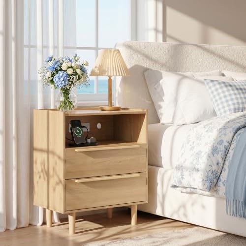 26 Inch Tall Natural Oak Nightstand with Charging Station, 2 Drawers | 24 inch wide, 16 inch deep design with raised-edge tray top, open shelf, hidden storage, and a lighter bedside feel - color: Natural Oak