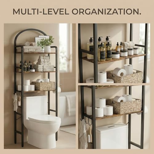 74" H Over the Toilet Storage Rack, 3-Tier Bathroom Organizer with Toilet Paper Holder & Hooks, Metal Frame with Wooden Shelves, Space Saver for Small Bathroom, Rustic Brown and Black - size: 3-tier