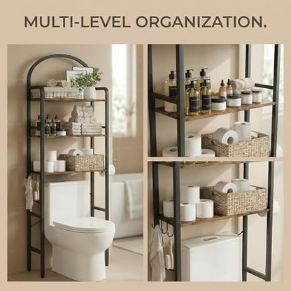 74" H Over the Toilet Storage Rack, 3-Tier Bathroom Organizer with Toilet Paper Holder & Hooks, Metal Frame with Wooden Shelves, Space Saver for Small Bathroom, Rustic Brown and Black - size: 3-tier