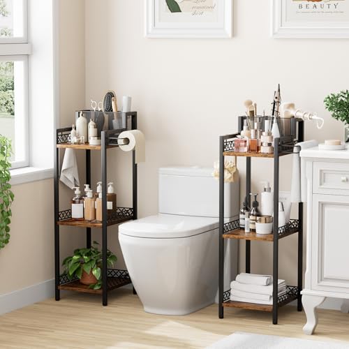 Bathroom Storage and Organizer Shelf Hair Dryer Holder, 9.85in | 3-Tier Narrow Metal Standing Rack with Toilet Paper Holder,Makeup Stand for Cosmetic, Vanity, Kitchen, Laundry Rustic Brown - color: 9.85“ Black Without Drawer