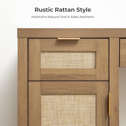 SICOTAS Rattan Vanity Home Office Desk 52" Vanity Table with 3 Drawers | Farmhouse Boho Makeup Vanity Dressing Table with Large Storage, Vanities Desk for Makeup Room, Bedroom, Office - size: 1 Piece, style: Reclaimed Caramel Oak