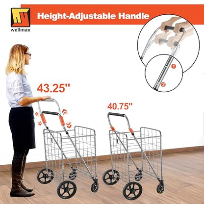 Wellmax Folding Grocery Cart with Wheels – Heavy Duty Utility Cart with Upgraded Steel Frame, Extra Large Basket, Adjustable Padded Handle, Swivel Front Wheels, Foldable Design, 90 lb Capacity - size: X-Large