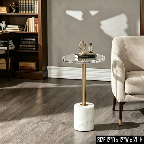 Small Clear Acrylic End Table, Marble Base Gold Leg Modern Nightstand | Acrylic Side Table with Marble Base & Gold Support Post, Accent Furniture for Drinks Snacks, Bedroom Living Room Office - color: Whtie