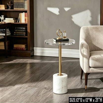 Small Clear Acrylic End Table, Marble Base Gold Leg Modern Nightstand | Acrylic Side Table with Marble Base & Gold Support Post, Accent Furniture for Drinks Snacks, Bedroom Living Room Office - color: Whtie