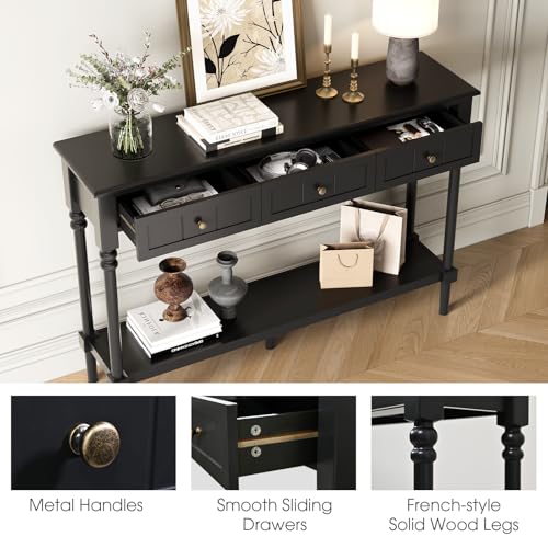 JOINICE Console Tables with Drawers,43" Entryway Table with Shelf and Solid Wood Legs,Narrow Long Sofa Table with Storage, Wood Foyer Tables for Entryway,Living Room,Hallway,Black - color: Black
