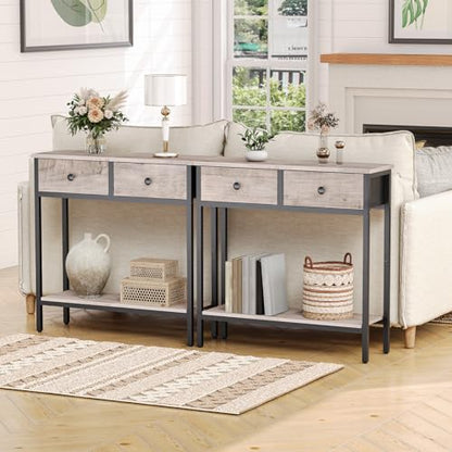 HOOBRO 29.5" Narrow Console Table with 2 Fabric Drawers, Small Entryway Table with 2-Tier Storage Shelves, Sofa Table, Behind Couch Table, for Living Room, Hallway, Greige and Black BG71XG01 - color: Greige and Black