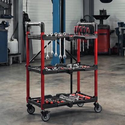 WORKPRO 3-Tier Collapsible Service Cart, Black/Red, 210 LBS Foldable Utility Cart with Wheels, Portable Rolling Tool Cart for Garage, Warehouse, Home, Restaurant and Office (No Assembly Required) - color: Black/Glossy Red