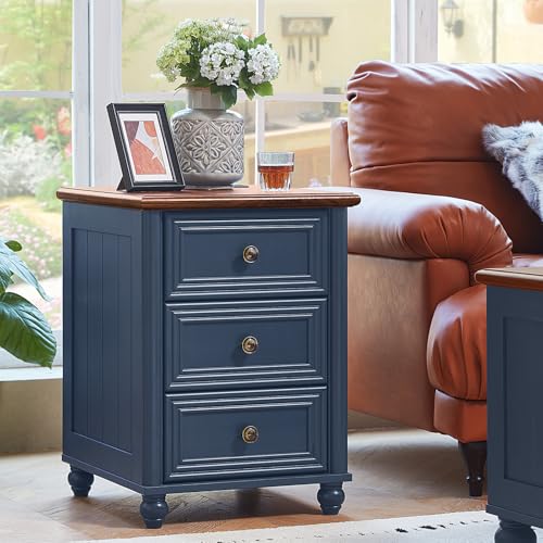 RWYHG 18" Nightstands Set of 2 with Charging Station & 3 Drawers | Farmhouse Modern Night Stand, Blue Bedside Table, Metal Handle, Blue Bed Side End Tables for Bedroom Living Room - color: Navy Blue, size: 18"D x 18"W x 24"H (3 Drawers)