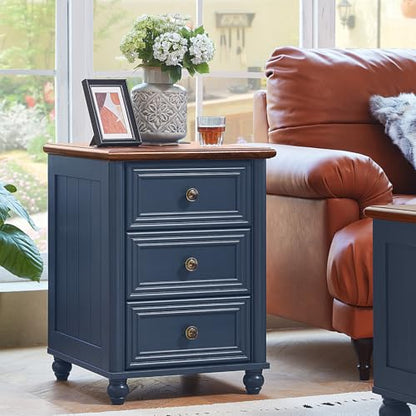 RWYHG 18" Nightstands Set of 2 with Charging Station & 3 Drawers | Farmhouse Modern Night Stand, Blue Bedside Table, Metal Handle, Blue Bed Side End Tables for Bedroom Living Room - color: Navy Blue, size: 18"D x 18"W x 24"H (3 Drawers)