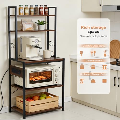 Cheersstar Bakers Rack with Power Outlet - Microwave Oven Stand 5 Tiers, Kitchen Storage Shelf Rack with 6 S-Shaped Hooks, Coffee Bar Cabinet for Kitchen, Entryway, Living Room, Rustic Brown