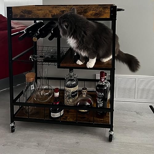 Bar Cart with Basket 3 Tiers Home Rolling Wine Rack with Wheels Mobile Kitchen Industrial Vintage Style Wood Metal Serving Trolley Serving Cart,Glass Holder Bar Cabinet - size: Rustic Brown, style: With Basket