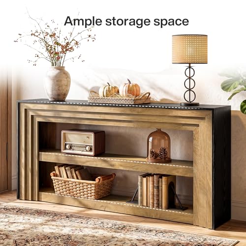 Tribesigns 63" Long Console Table, Farmhouse 3-Tier Entryway Table with Storage, Narrow Wooden Sofa Table Behind Couch, Living Room, Hallway, Foyer, Brown & Black
