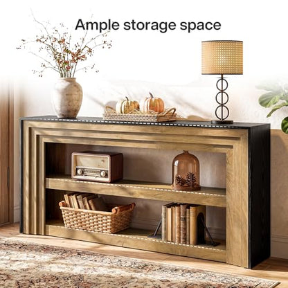 Tribesigns 63" Long Console Table, Farmhouse 3-Tier Entryway Table with Storage, Narrow Wooden Sofa Table Behind Couch, Living Room, Hallway, Foyer, Brown & Black