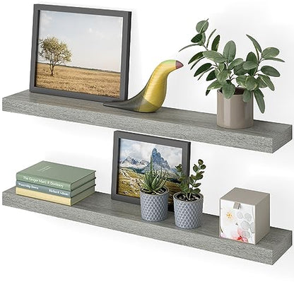 Ballucci Floating Shelves, 36" Wood Wall Shelf Set of 2, with Invisible Brackets for Bathroom, Living Room, Bedroom, Kitchen, Nursery, 6" Deep, Rustic Gray - color: Grey, size: 35.4 inches