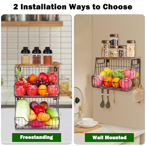 Livabber Fruit Basket for Kitchen, Metal Fruit Vegetable Storage Bin with 2 Banana Hangers, Countertop Wire Basket Organizer for Snack Potato Onion, Screw Mounted or Stand (Black, 2 Pack) - style: 2 Pack