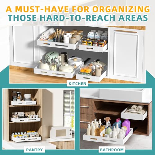 HBL' 1 Pack | 21" Deep Pull Out Cabinet Organizer Adhesive, (13.8" to 22.0") Width Expandable Sturdy Carbon Steel Roll-Out Drawers, Designed for Frameless Cabinets, Slide-Out Shelves for Pantry. - size: 21"D x (13.8" to 22.0)"W x 3.1"H