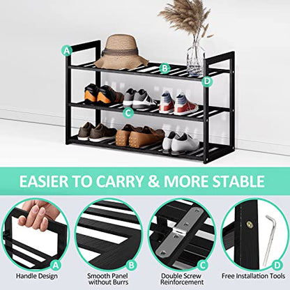 Jripae 3 Tier 32.5inch Long Bamboo Shoe Rack for Entryway Closet Garage | 3 Tier Stackable Shoe Shelf Holder for Men/Women Hallway/Berdroom, Bookshelf, Flower Rack, Home Space Saving - size: 3-tier-long/32.5*10.5*17in