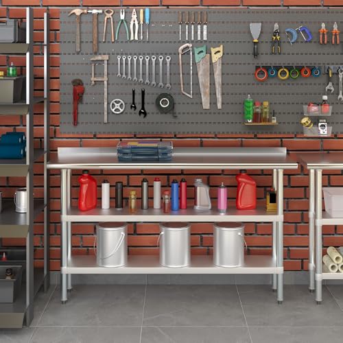 AmGood Stainless Steel Work Table with 1.5" Backsplash and 2 Shelves | Metal Kitchen Food Prep Table | NSF (60" Long x 14" Deep) - size: 60" Long x 14" Deep