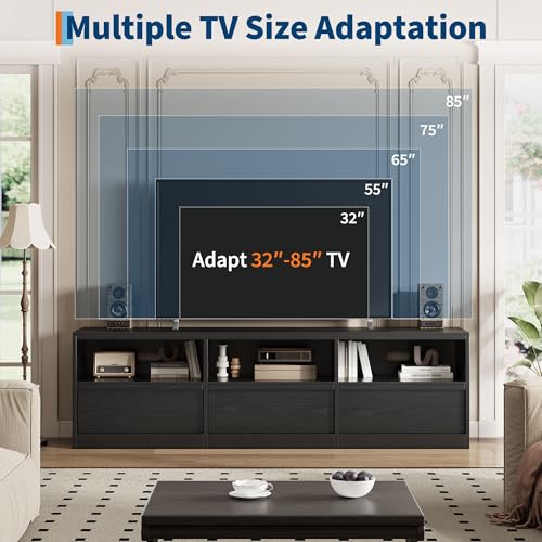 Modern TV Stand with Storage for TVs Up to 85", 70 inch Media Console with Drawer & Open Shelves, Mid Century Entertainment Center for Living Room, Black - color: Black