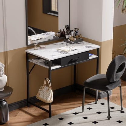 Pamray 32 Inch Small Computer Desk with Drawers for Bedroom Small Spaces | Compact, Sturdy, Easy Assembly, Mini, Suitable for Dorm and Apartment, Study and Writing - color: Marble