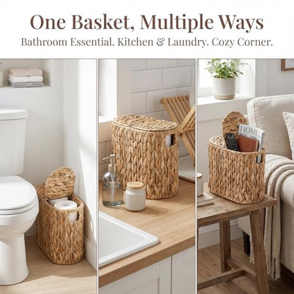 Toilet Paper Basket with Lid, Water Hyacinth 4 Rolls Toilet Paper Storage Basket, Narrow Slim Medium Paper Organizer for Bathroom