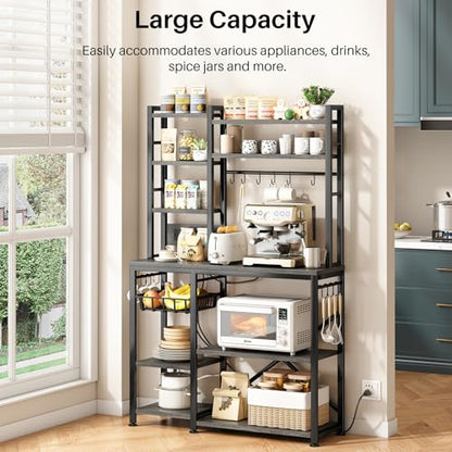 SNTD 6-Tier Bakers Rack with Power Outlets, 36 x 14.6 x 72 in, Rustic Grey | Large Capacity for Small Appliances, Stable Metal Frame with Wood Shelves, Pull-Out Basket, 14 Hooks - color: Rustic Grey